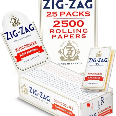 Zig-Zag Slow Burning Rolling Papers, 100 Leafs per Pack, Size Single Wide (Regular), Kut Corners Easy Rolling 100% Natural Gum Arabic, No Bleach, Authentic White Paper
